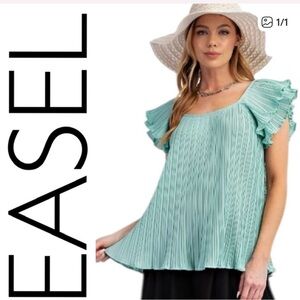 EASEL Mint Green Pleated Ruffle Sleeve Top Mint NWT